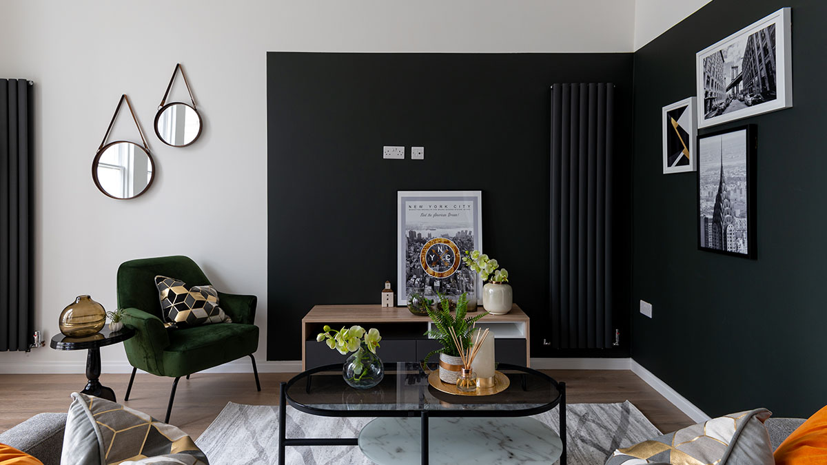 Modern styled living room after property handover showcasing furniture package and interior design