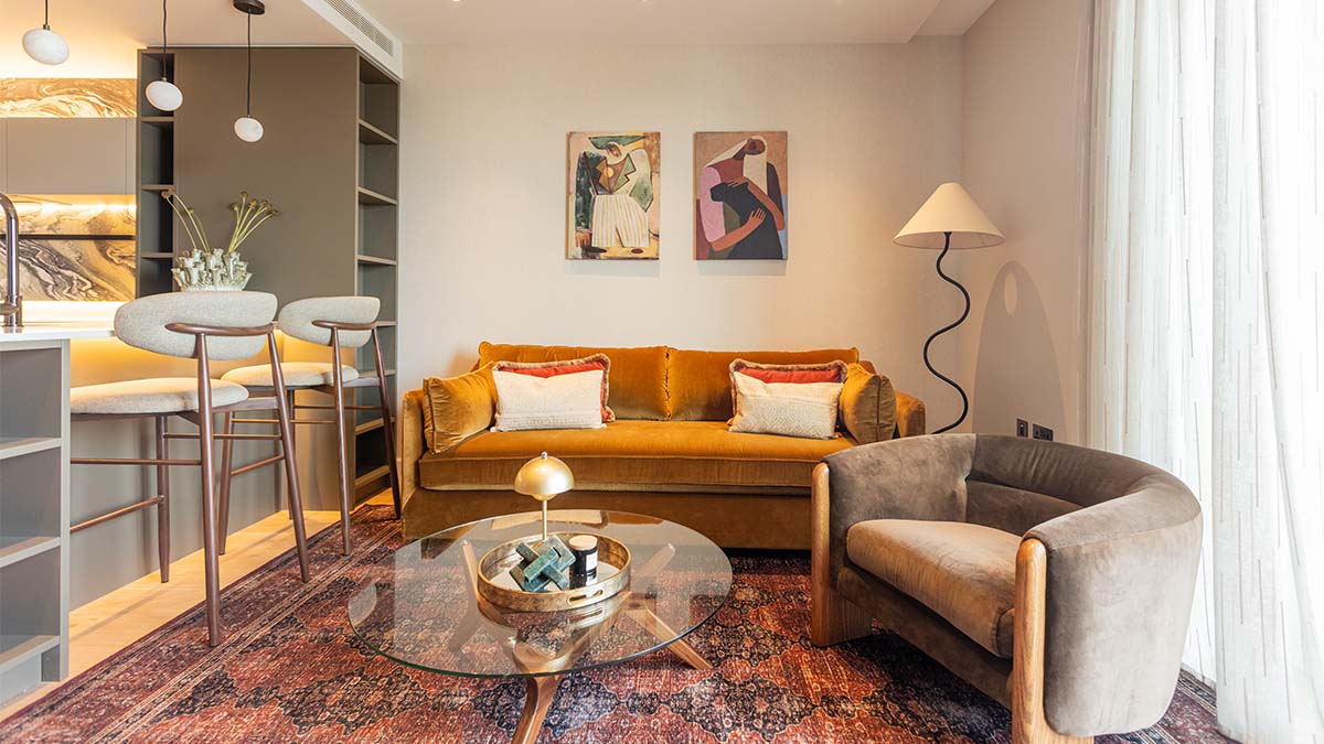 Professionally furnished living room showing the transformation of a Dubai apartment into a rental-ready property before handover.